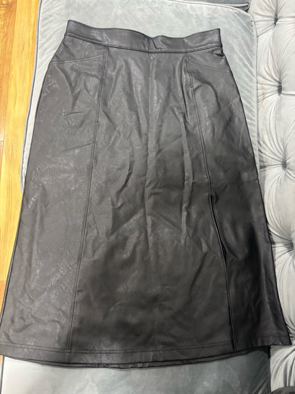 SPANX Black leather midi skirt